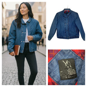 Vintage 1980's Sz M Quilted Denim Jacket Coat Plaid Flannel Lining Double Snap